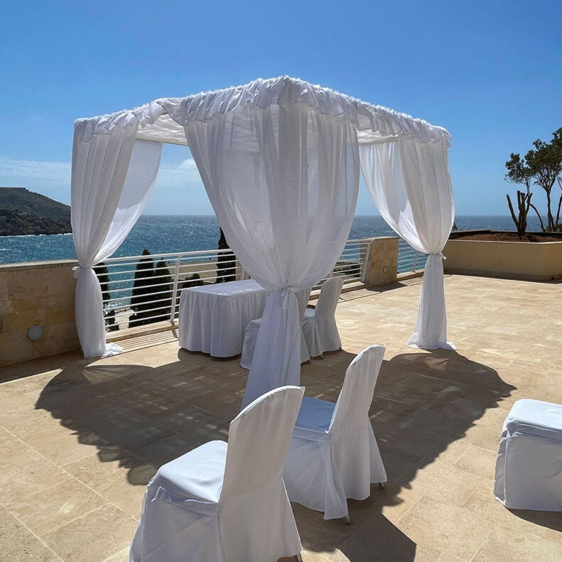 White gazebo with sheer curtains and chandelier 3m X 3m Party Hire